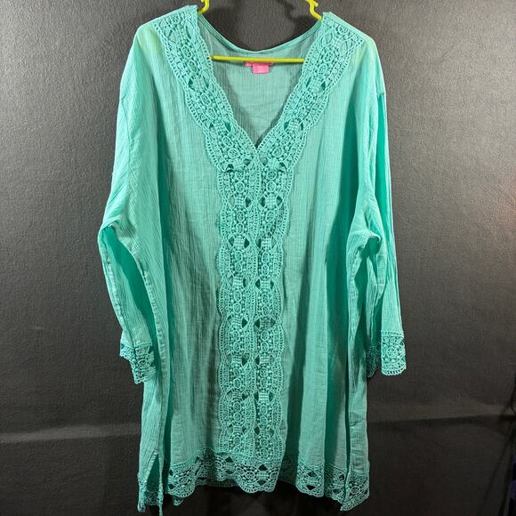 isaac mizrahi women tunic XXL teal embroidered crochet lace boho western hippie - Picture 1 of 7